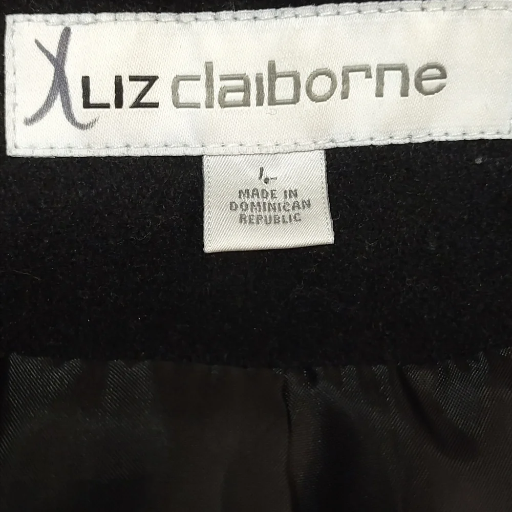 Liz Claiborne Pea Coat Women's Black Wool Blend Zipper/Button Pea Coat Size L - Picture 10 of 11